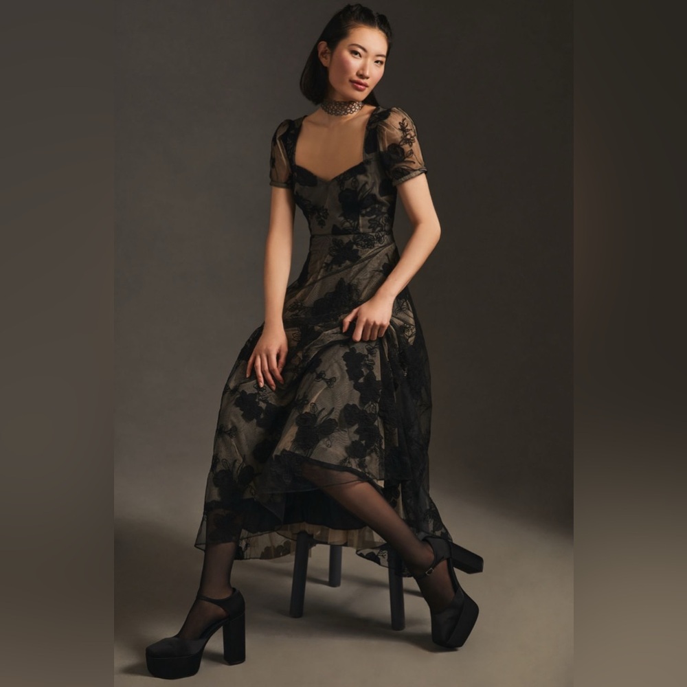 Anthro Geisha Designs Floral Applique Lace Sheer Sleeve Maxi Dress Black Plus 1X